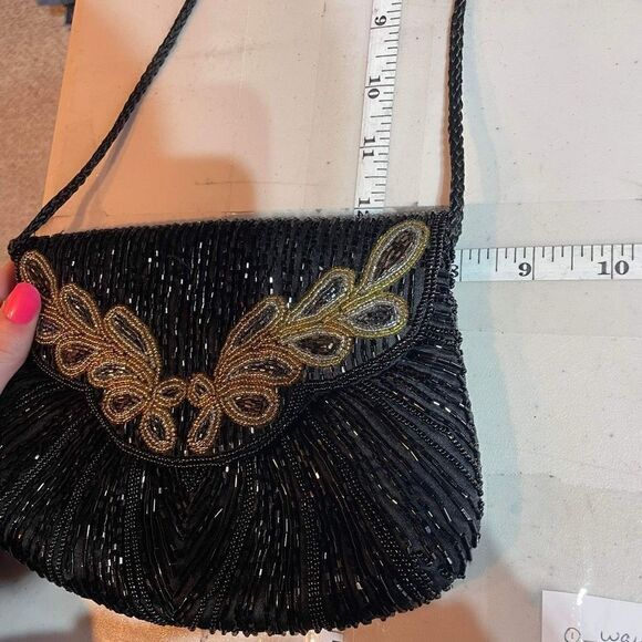 Vintage Beaded Snap Flap Corded Strap Clutch Shoulder Bag Black Small Flapper - Picture 9 of 14
